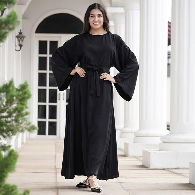 OLEMEK Kaftan Abayas for Women Muslim Maxi Dress Dubai One-piece Loose Full Cover Elegant Belted Pleated Long Dresses image 3