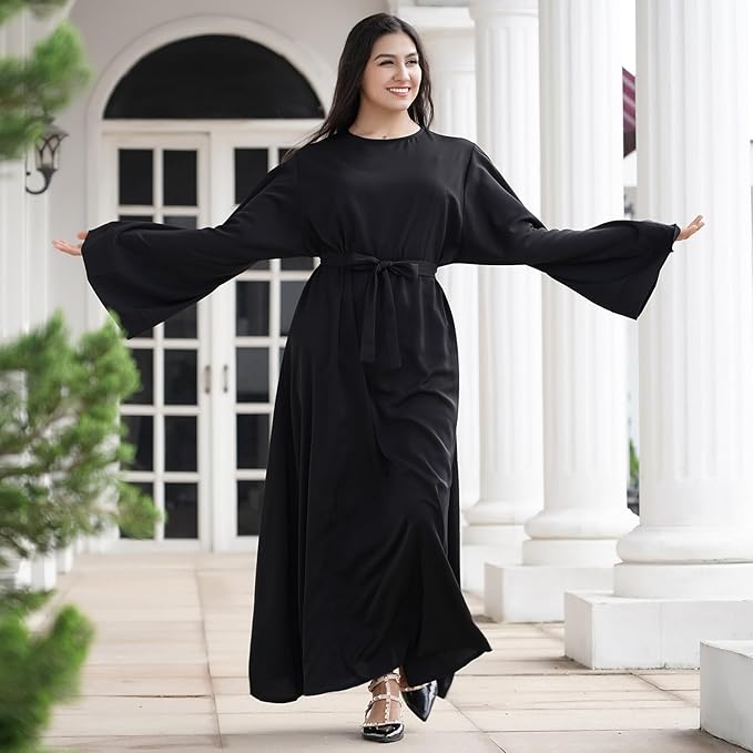 OLEMEK Kaftan Abayas for Women Muslim Maxi Dress Dubai One-piece Loose Full Cover Elegant Belted Pleated Long Dresses image 4