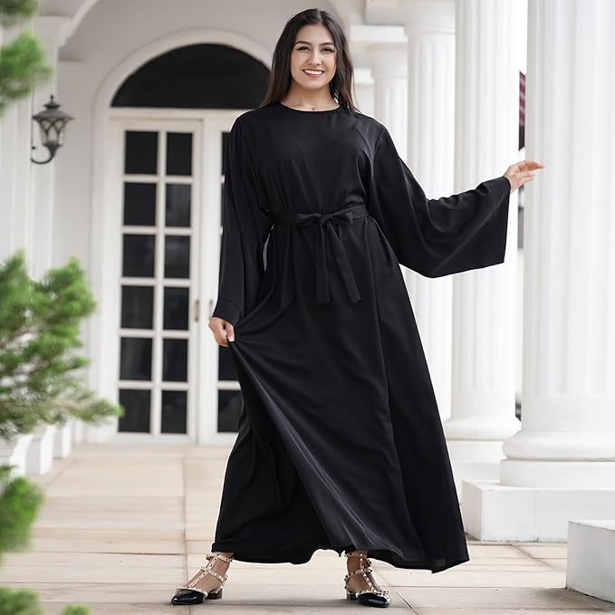 OLEMEK Kaftan Abayas for Women Muslim Maxi Dress Dubai One-piece Loose Full Cover Elegant Belted Pleated Long Dresses image 5