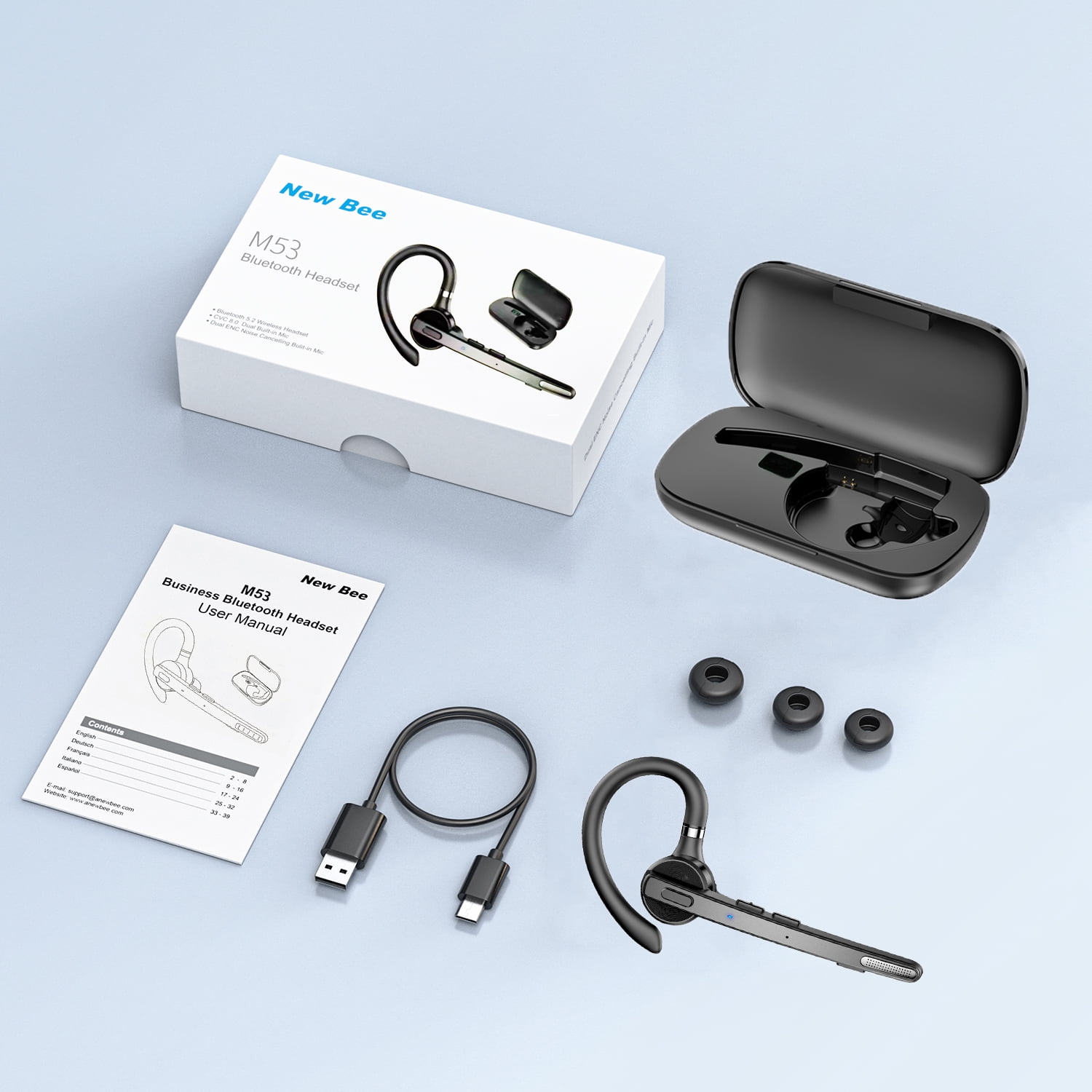 New Bee Bluetooth Headphones,V5.1 Wireless Bluetooth Earpiece, 72H Talk Time, 500mAh Charging Case, ENC Dual Mic, Dual Device Connect, Ear Hook Design, USB-C/Wireless Charging, for Work/Driving/Calls image 9