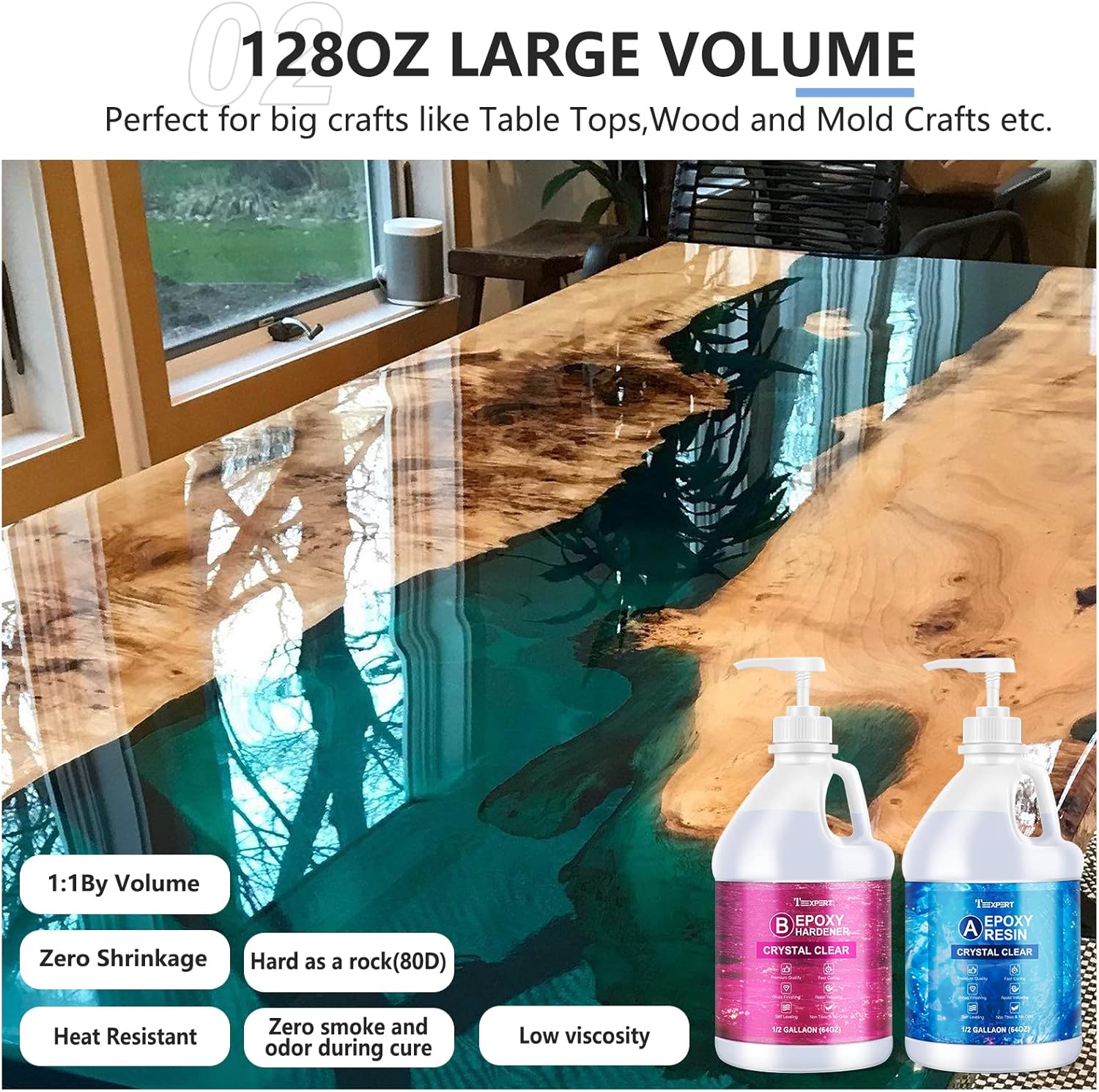 Teexpert Crystal Clear Epoxy Resin Kit 1 Gallon Self-Leveling Coating and Casting Resin, High-Gloss & Bubbles Free Resin and Hardener Kit for DIY Art, Jewelry, Table Top, Molds, Wood 1:1 Ratio image 3