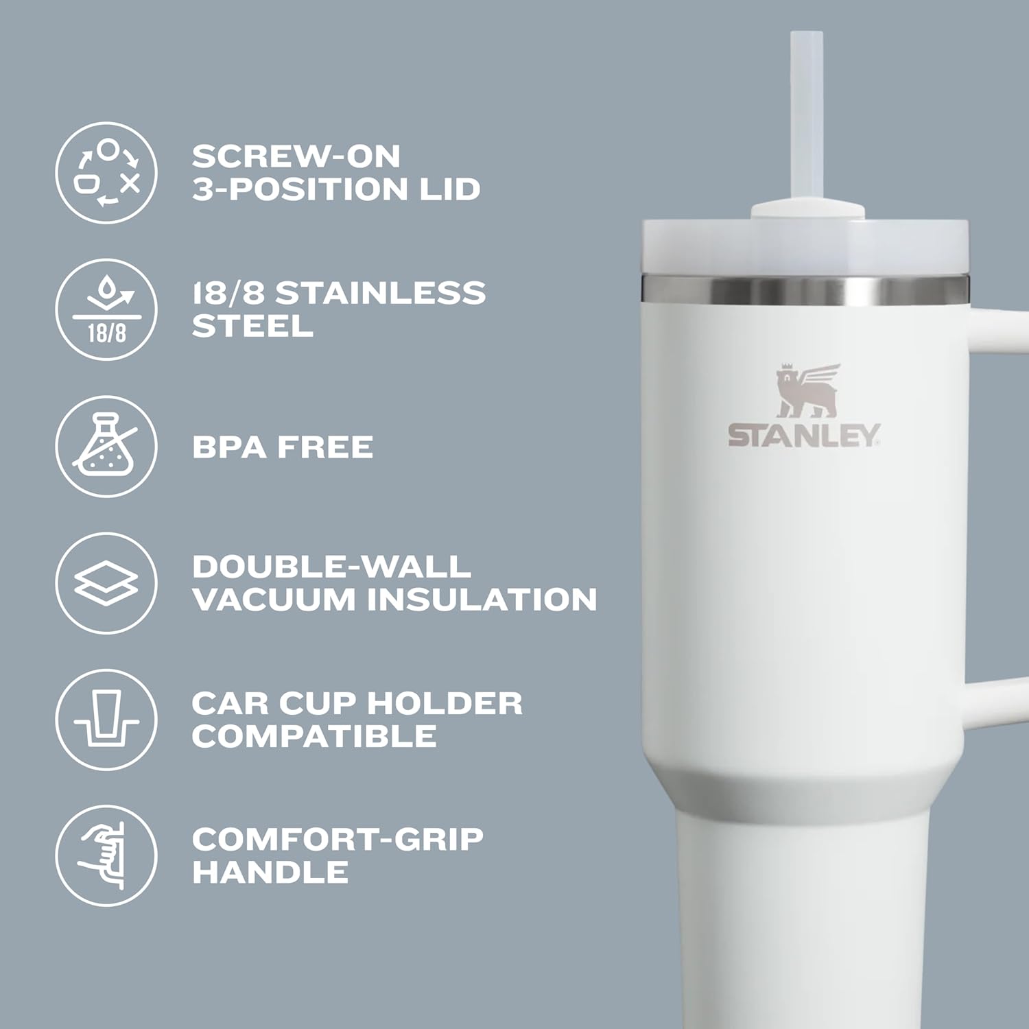 Stanley Quencher H2.0 Tumbler with Handle and Straw 30 oz | Flowstate 3-Position Lid | Cup Holder Compatible for Travel | Insulated Stainless Steel Cup | BPA-Free | Blue Spruce image 4