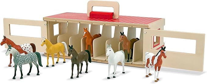 Melissa & Doug Take-Along Show-Horse Stable Play Set With Wooden Stable Box and 8 Toy Horses image 1