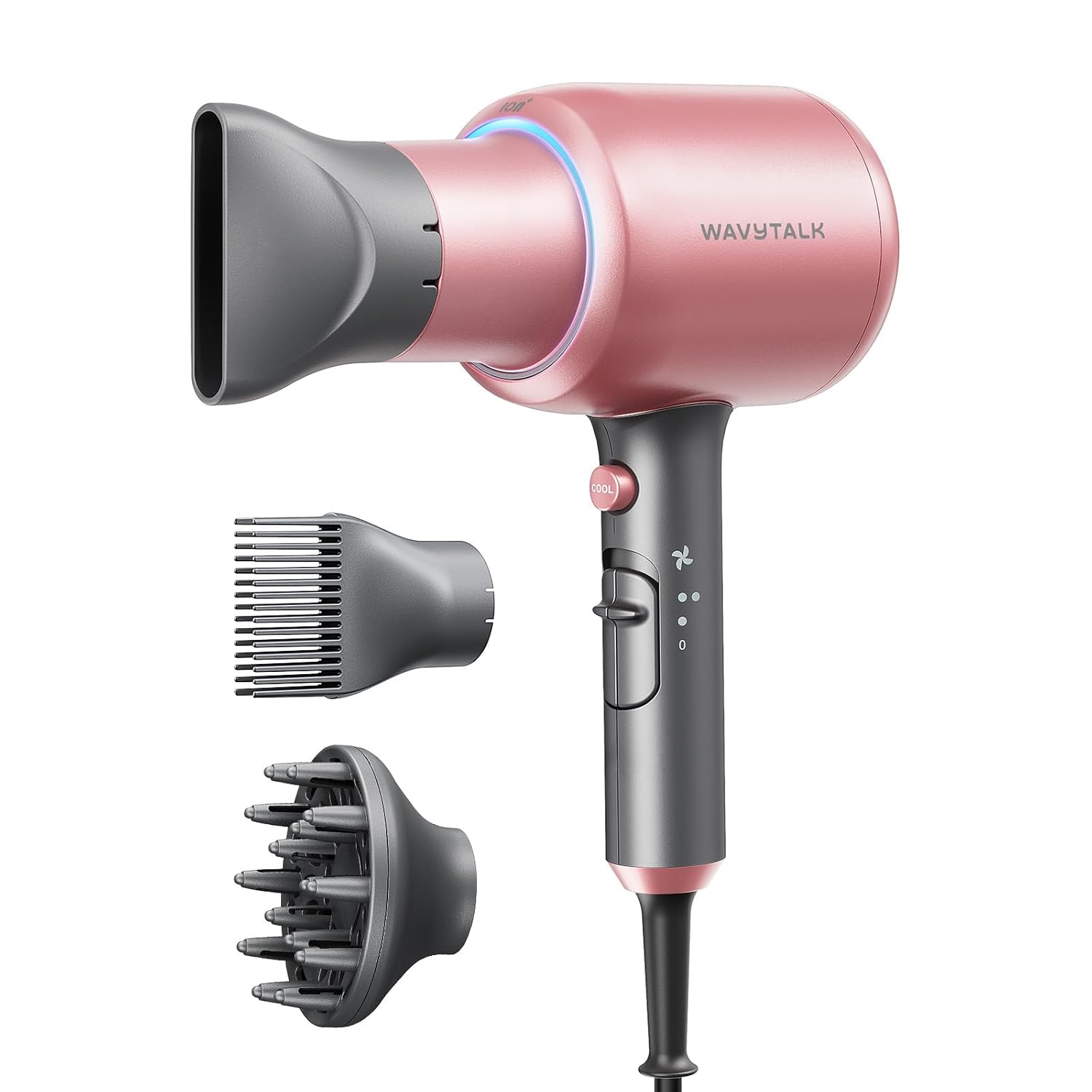 Wavytalk Hair Dryer, Blown Away Ionic Hair Dryer for Curly Hair with Diffuser, 1875W Fast Drying Blow Dryer with Ceramic Technology, 3 Attachments for All Hair Types, Light and Quiet, Rose Gold image 1