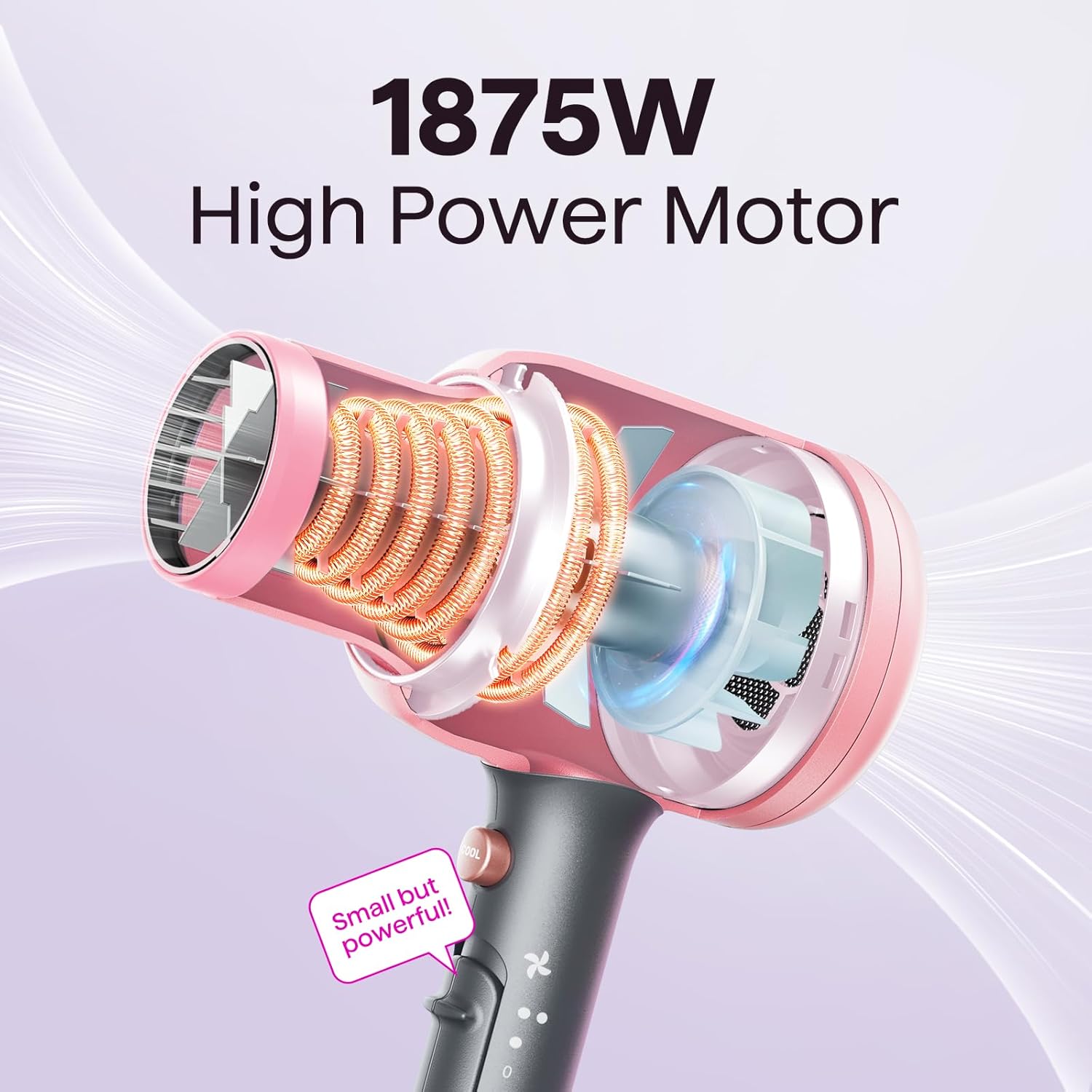 Wavytalk Hair Dryer, Blown Away Ionic Hair Dryer for Curly Hair with Diffuser, 1875W Fast Drying Blow Dryer with Ceramic Technology, 3 Attachments for All Hair Types, Light and Quiet, Rose Gold image 3