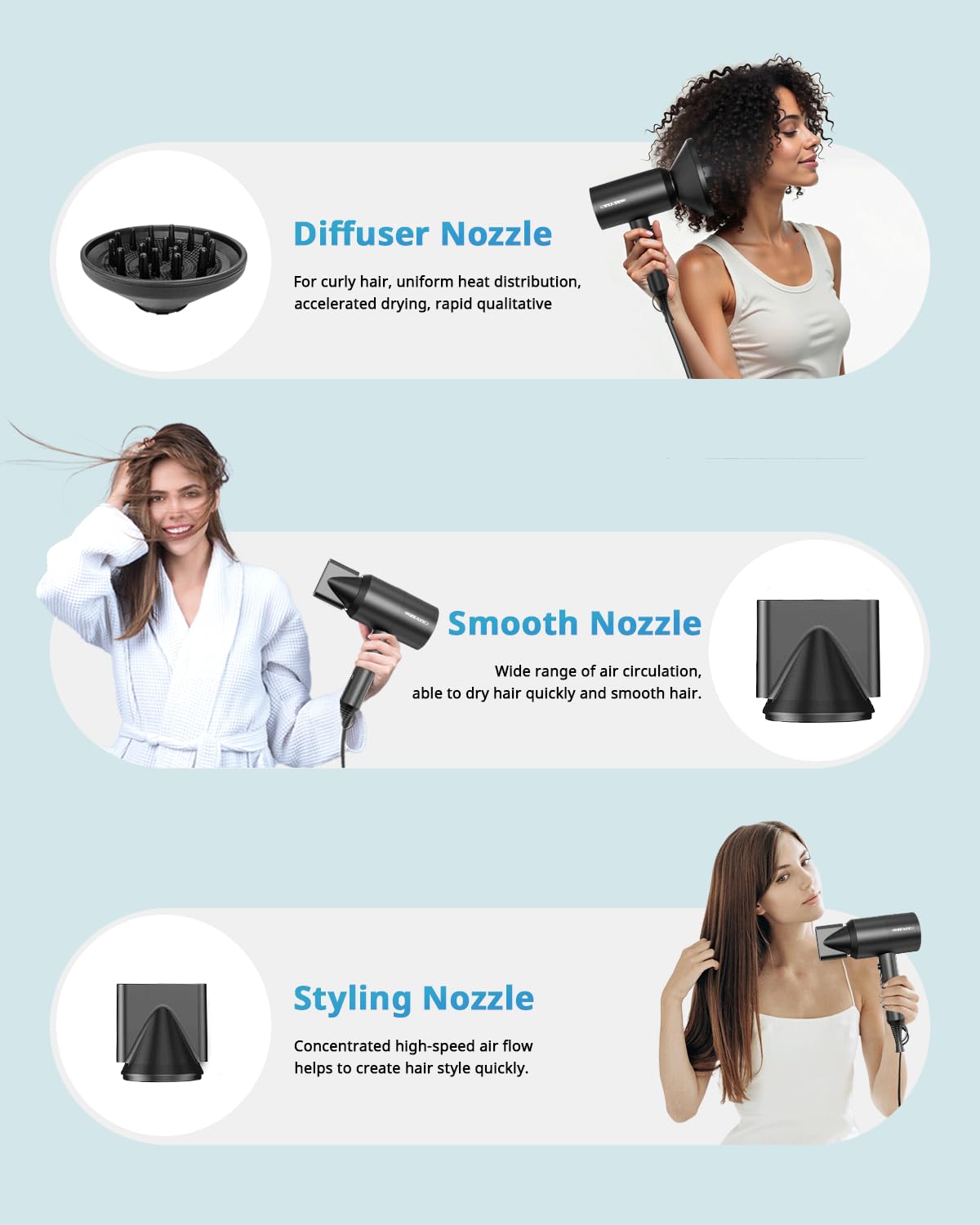 SHRATE Lightweight Ionic Hair Dryer with Diffuser - Powerful 1800W Blow Dryer for Fast Drying - Professional Low Noise Mini Hair Dryer for Travel, Gifts, Hair Styling (Black) image 4