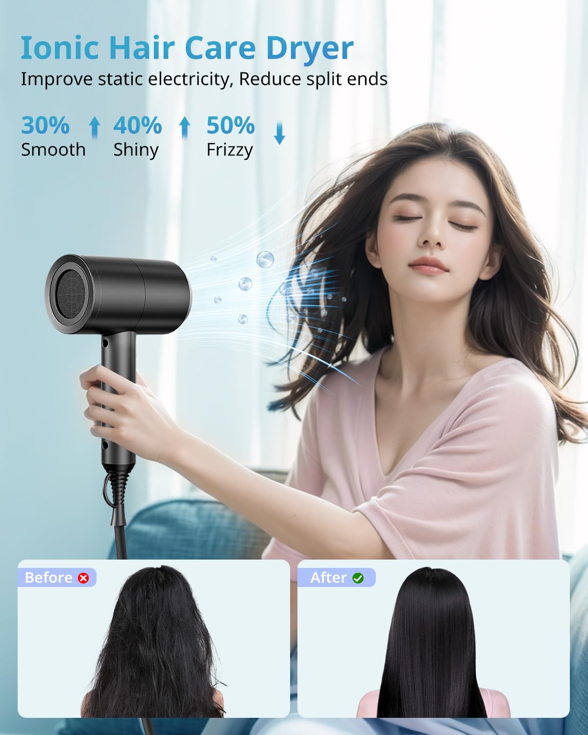 SHRATE Lightweight Ionic Hair Dryer with Diffuser - Powerful 1800W Blow Dryer for Fast Drying - Professional Low Noise Mini Hair Dryer for Travel, Gifts, Hair Styling (Black) image 5
