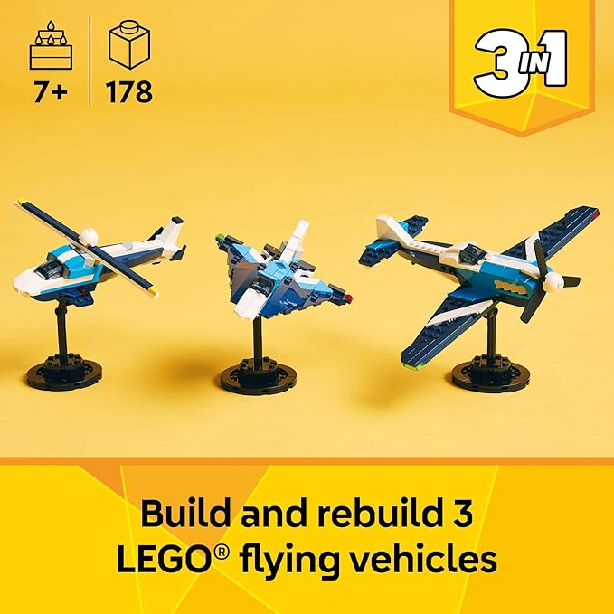 LEGO Creator 3 in 1 Aircraft Race Plane Toy - Building Toy with 3 Building Options, Airplane, Fighter Jet, or Helicopter - Gift Idea for Kids, Boys and Girls, Ages 7+ - 31160 image 2