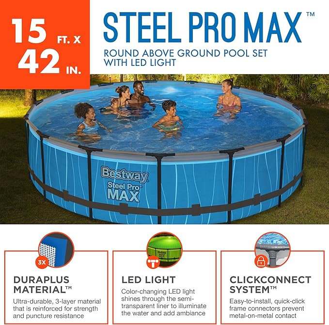  Click to see full view      3+  7 VIDEOS Bestway Steel Pro MAX Above Ground Swimming Pool (15' x 42") | Round Outdoor Backyard Family Pool with Color-Changing Pool Liner | Features 7-Color LED Lights image 2