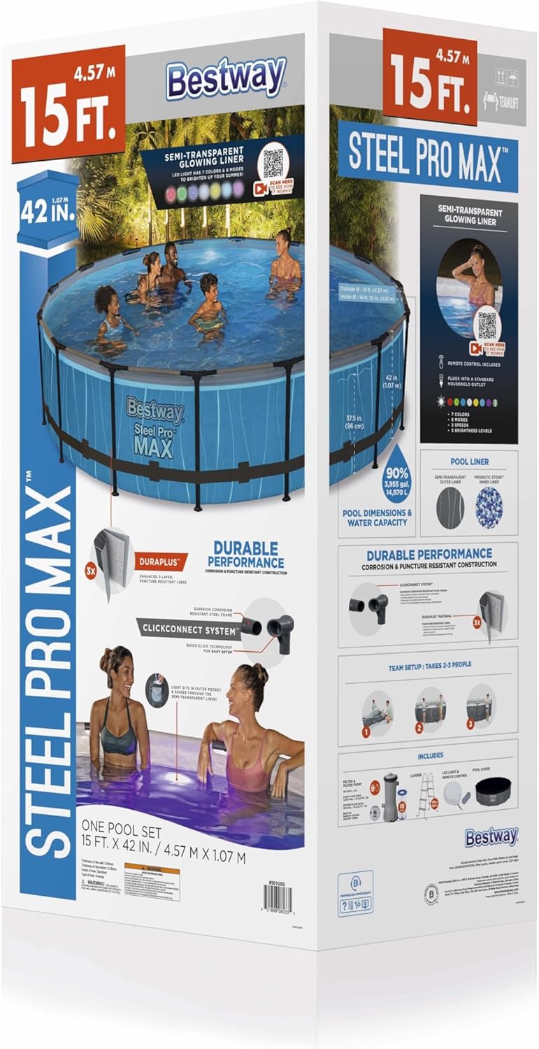  Click to see full view      3+  7 VIDEOS Bestway Steel Pro MAX Above Ground Swimming Pool (15' x 42") | Round Outdoor Backyard Family Pool with Color-Changing Pool Liner | Features 7-Color LED Lights image 6