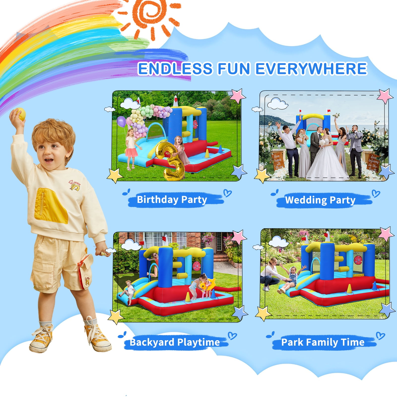Ktaxon Inflatable Bounce House with Blower for Kids 3+, Indoor & Outdoor Bouncy Castle with Slide, Perfect for Birthday Parties, Backyard, Lawn image 2