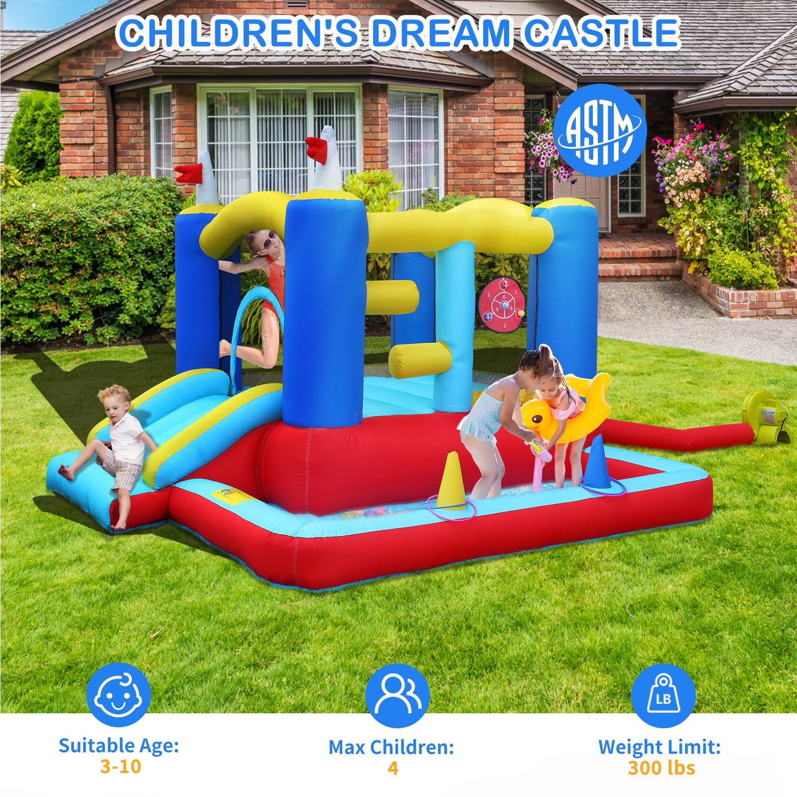 Ktaxon Inflatable Bounce House with Blower for Kids 3+, Indoor & Outdoor Bouncy Castle with Slide, Perfect for Birthday Parties, Backyard, Lawn image 6