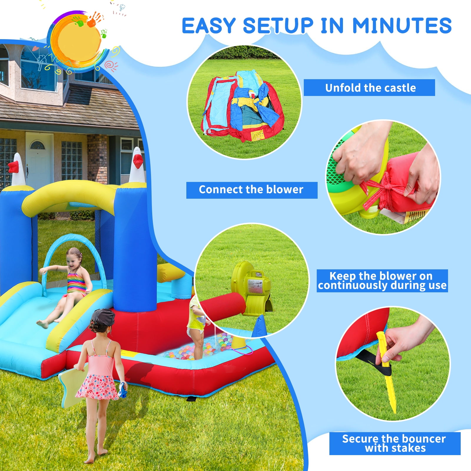 Ktaxon Inflatable Bounce House with Blower for Kids 3+, Indoor & Outdoor Bouncy Castle with Slide, Perfect for Birthday Parties, Backyard, Lawn image 11