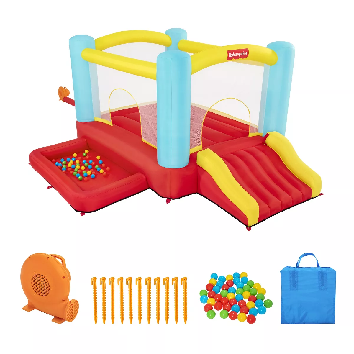 Fisher-Price Bouncemania Inflatable Mega Bouncer with 50 Piece Play Balls, 11 Bounce Stakes, Storage Bag, Blower, and Repair Kit, Multicolor image 1
