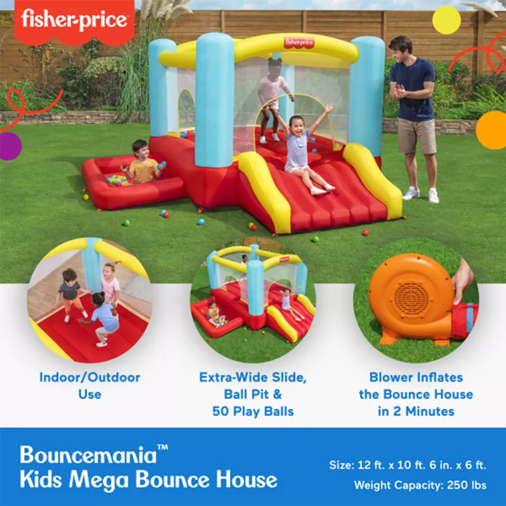 Fisher-Price Bouncemania Inflatable Mega Bouncer with 50 Piece Play Balls, 11 Bounce Stakes, Storage Bag, Blower, and Repair Kit, Multicolor image 2
