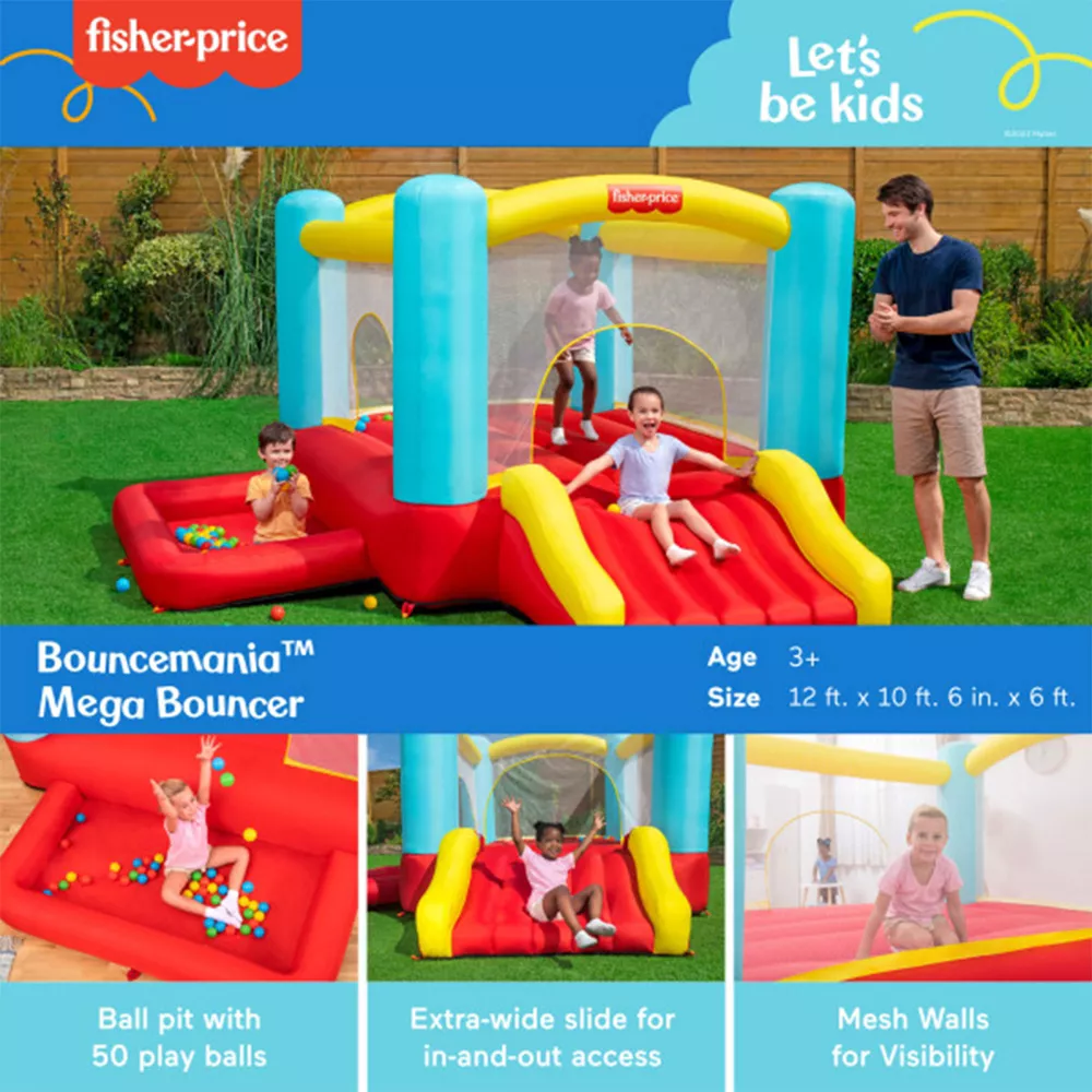 Fisher-Price Bouncemania Inflatable Mega Bouncer with 50 Piece Play Balls, 11 Bounce Stakes, Storage Bag, Blower, and Repair Kit, Multicolor image 3