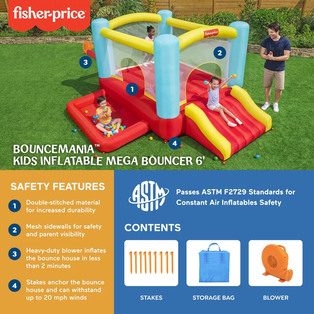Fisher-Price Bouncemania Inflatable Mega Bouncer with 50 Piece Play Balls, 11 Bounce Stakes, Storage Bag, Blower, and Repair Kit, Multicolor image 4