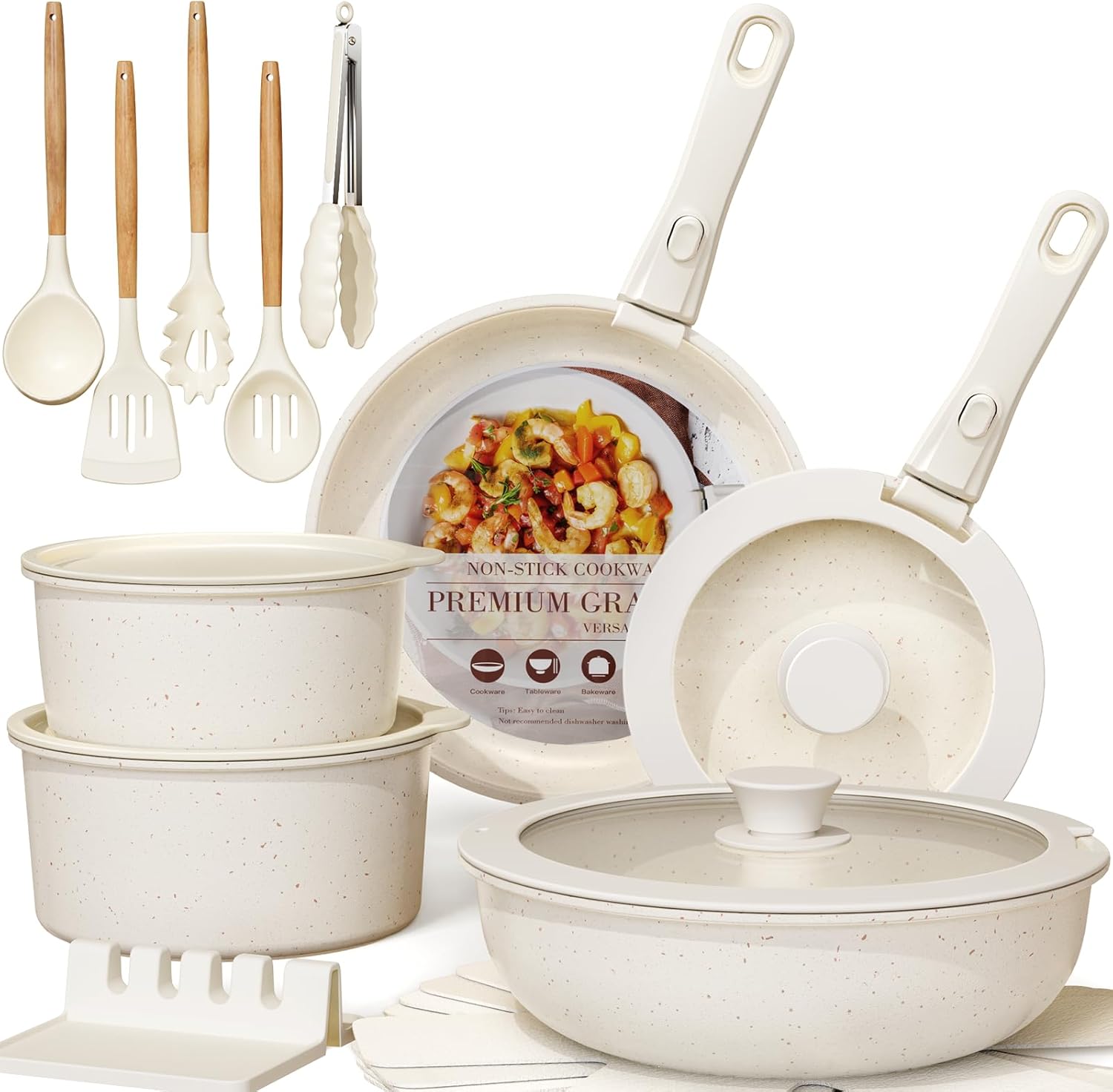 Astercook 21 Pcs Pots and Pans Set Non Stick, Ceramic Cookware Set Detachable Handle, RV Kitchen Cooking Set Removable Handles, Oven Safe, Induction Ready, Stackable Non-stick Set, Cream White image 1