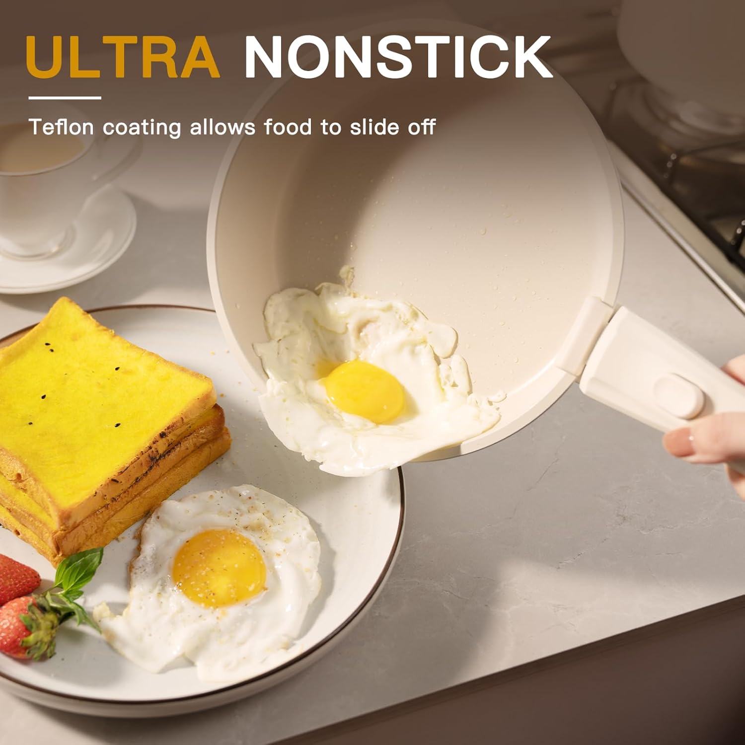 Astercook 21 Pcs Pots and Pans Set Non Stick, Ceramic Cookware Set Detachable Handle, RV Kitchen Cooking Set Removable Handles, Oven Safe, Induction Ready, Stackable Non-stick Set, Cream White image 2