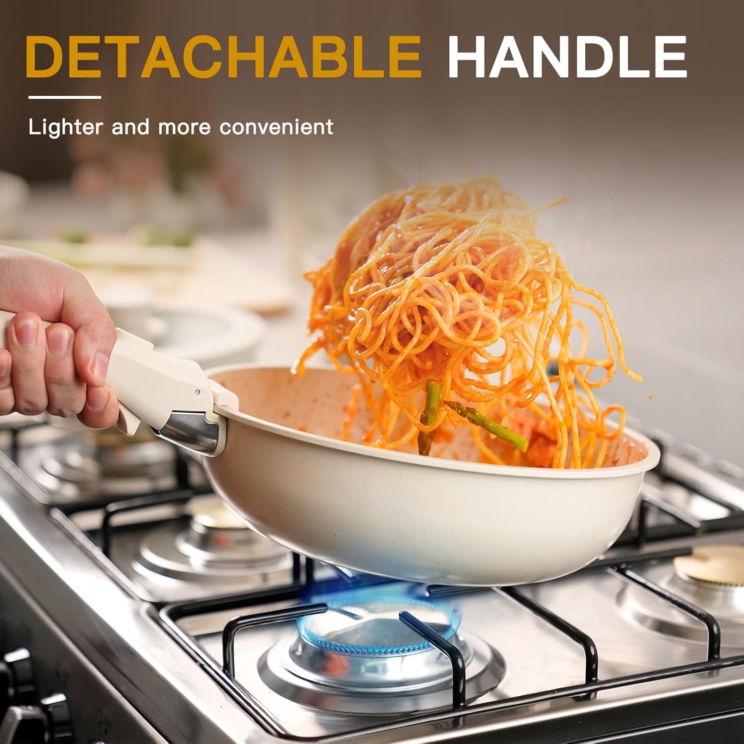 Astercook 21 Pcs Pots and Pans Set Non Stick, Ceramic Cookware Set Detachable Handle, RV Kitchen Cooking Set Removable Handles, Oven Safe, Induction Ready, Stackable Non-stick Set, Cream White image 3
