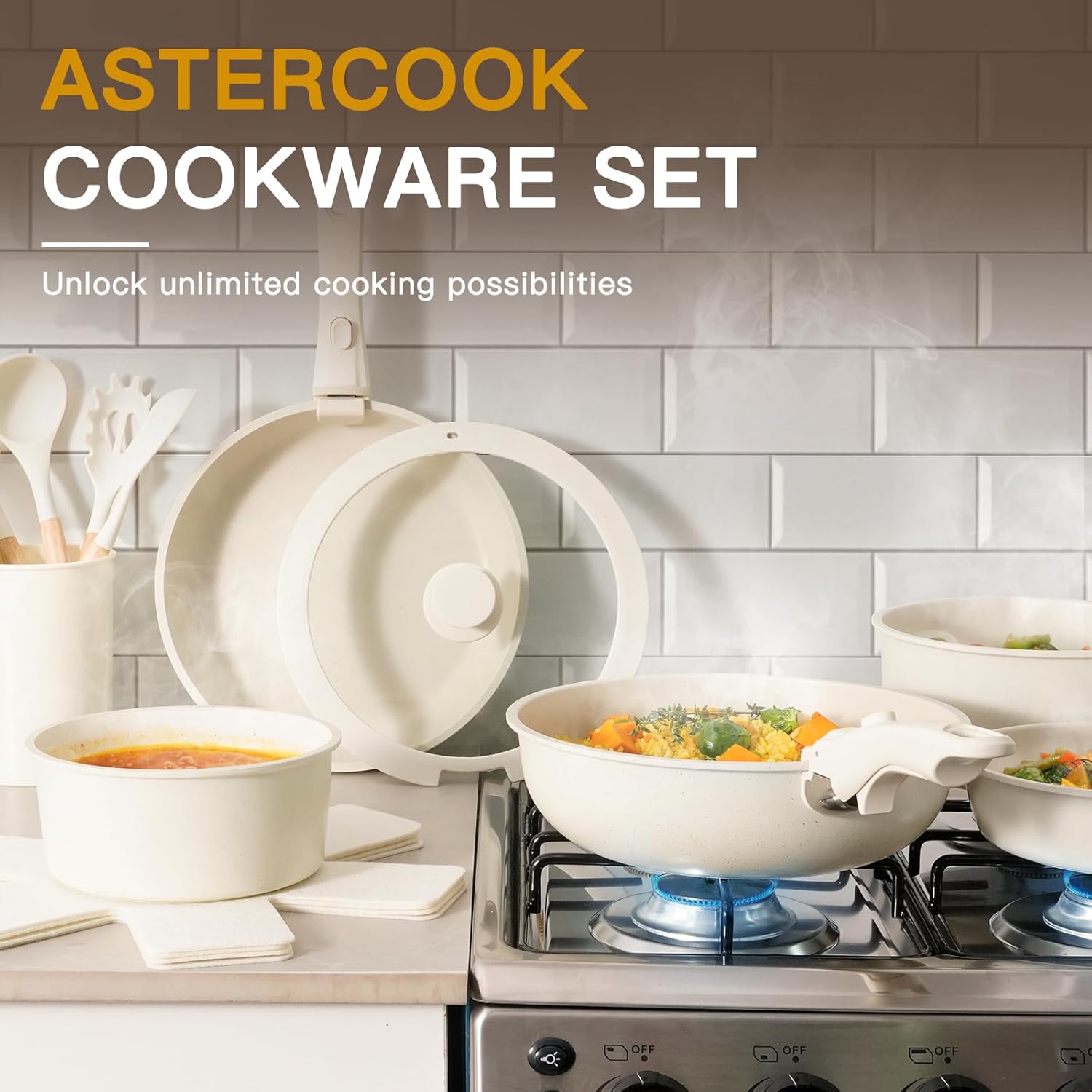 Astercook 21 Pcs Pots and Pans Set Non Stick, Ceramic Cookware Set Detachable Handle, RV Kitchen Cooking Set Removable Handles, Oven Safe, Induction Ready, Stackable Non-stick Set, Cream White image 5