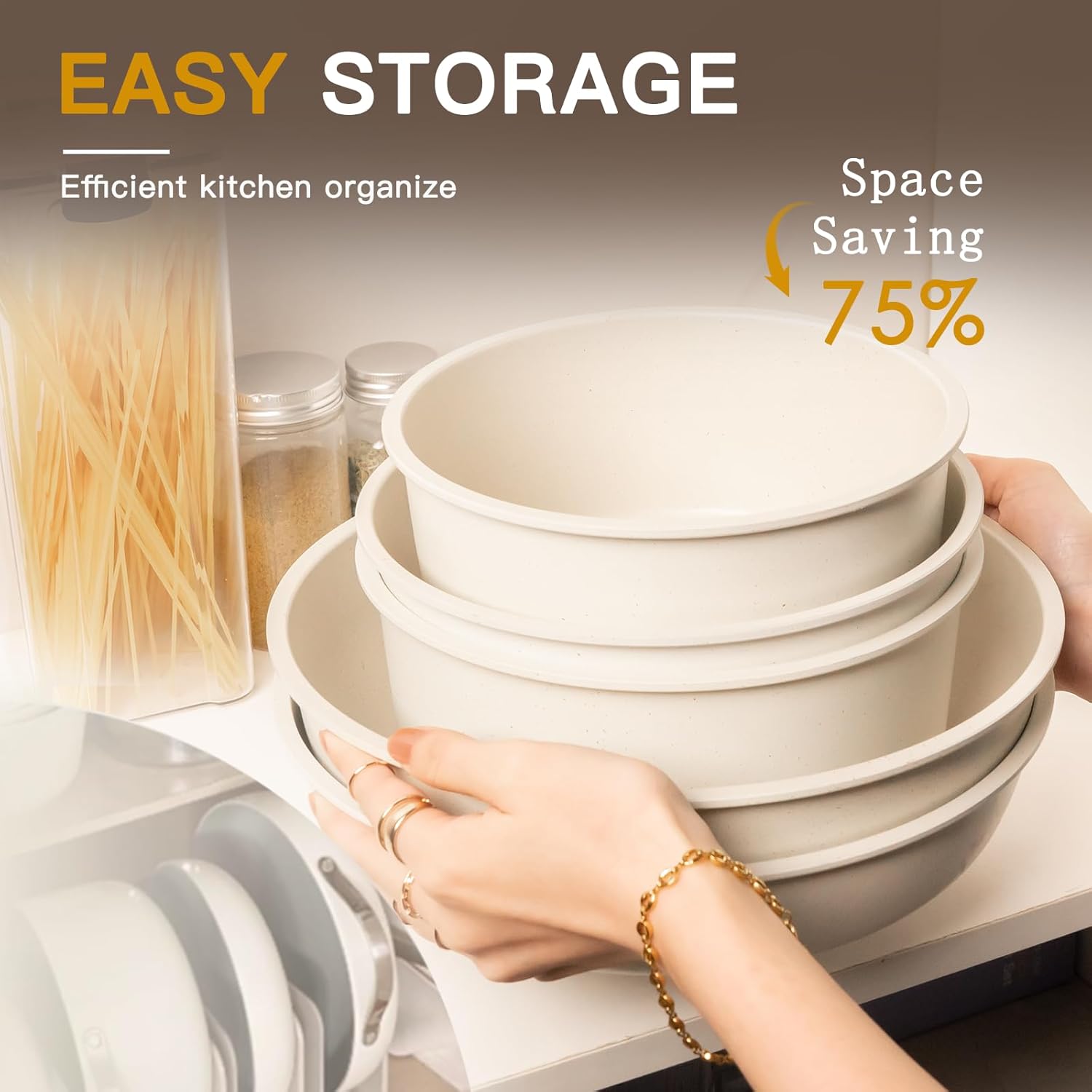 Astercook 21 Pcs Pots and Pans Set Non Stick, Ceramic Cookware Set Detachable Handle, RV Kitchen Cooking Set Removable Handles, Oven Safe, Induction Ready, Stackable Non-stick Set, Cream White image 6
