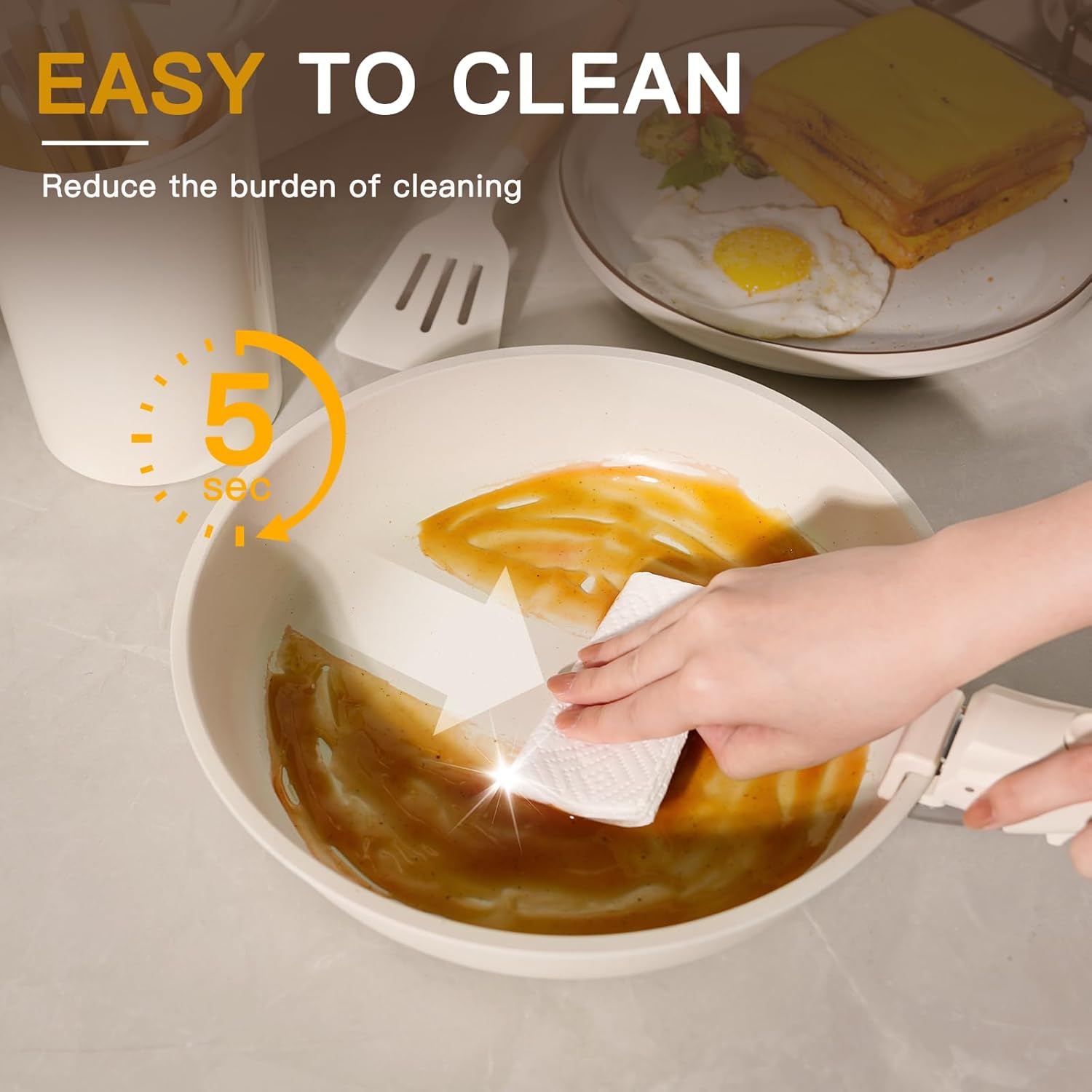 Astercook 21 Pcs Pots and Pans Set Non Stick, Ceramic Cookware Set Detachable Handle, RV Kitchen Cooking Set Removable Handles, Oven Safe, Induction Ready, Stackable Non-stick Set, Cream White image 7