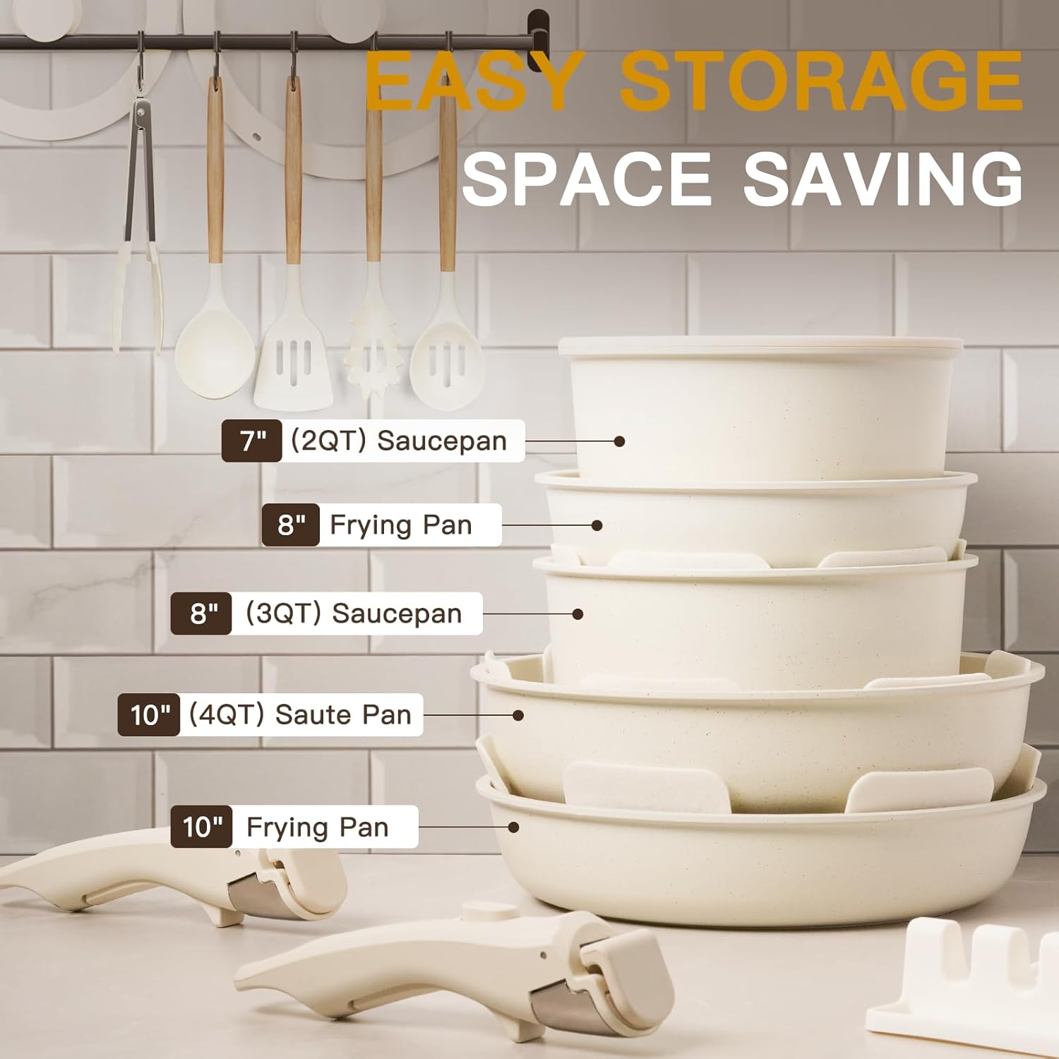 Astercook 21 Pcs Pots and Pans Set Non Stick, Ceramic Cookware Set Detachable Handle, RV Kitchen Cooking Set Removable Handles, Oven Safe, Induction Ready, Stackable Non-stick Set, Cream White image 9