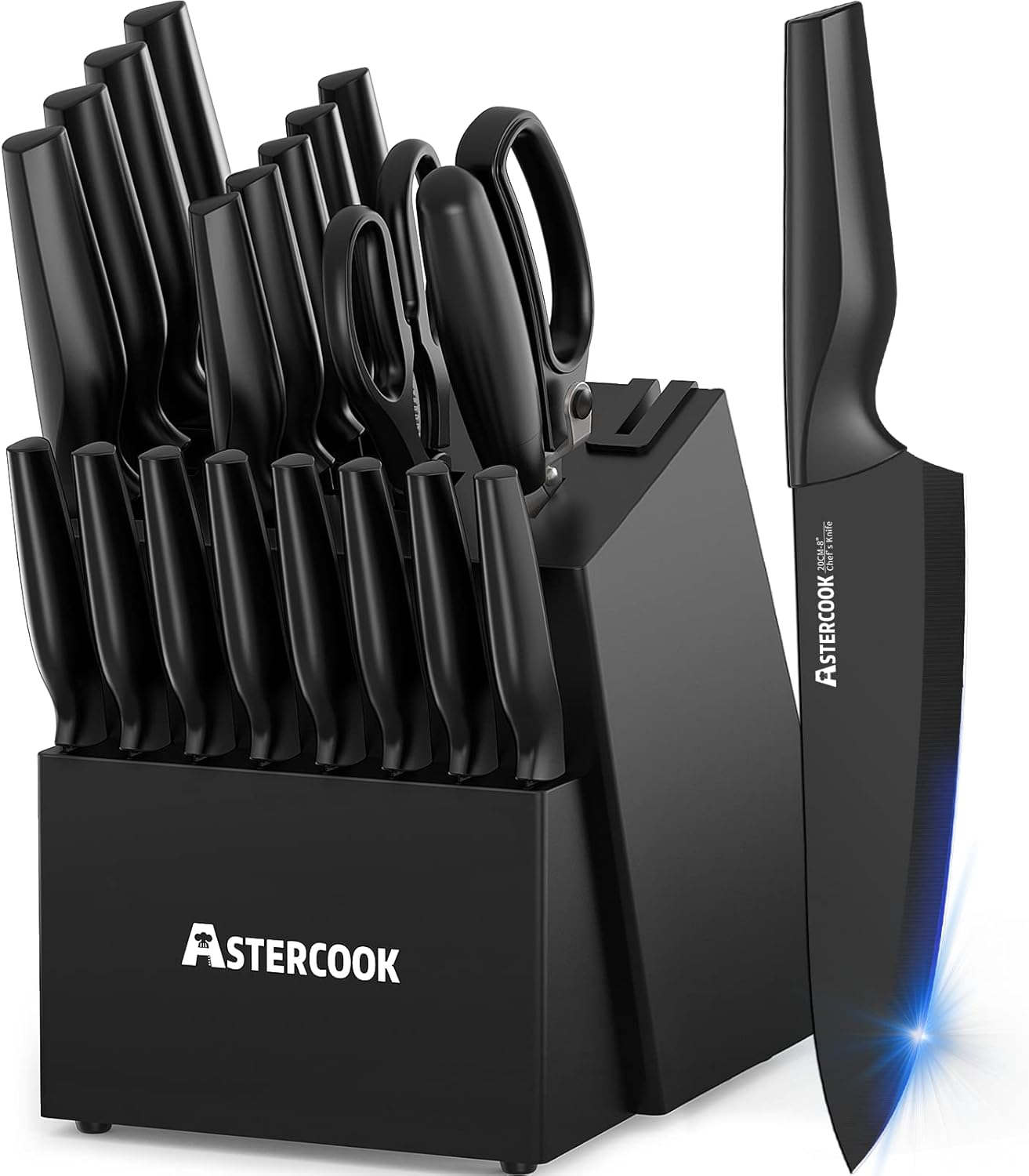 Knife Set, Astercook 21 Pieces Knife Sets for Kitchen with Block, Dishwasher Safe Kitchen Knife Set with Built-in Sharpener, German Stainless Steel Black Knife Block Set image 1