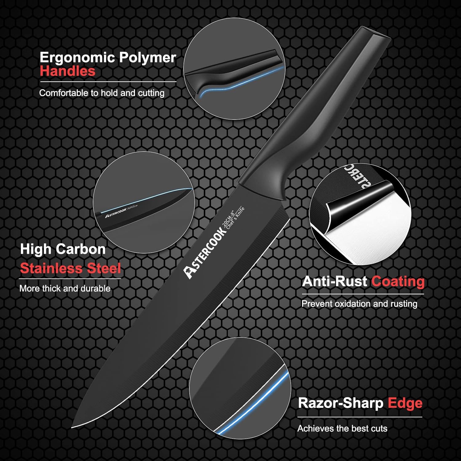 Knife Set, Astercook 21 Pieces Knife Sets for Kitchen with Block, Dishwasher Safe Kitchen Knife Set with Built-in Sharpener, German Stainless Steel Black Knife Block Set image 3