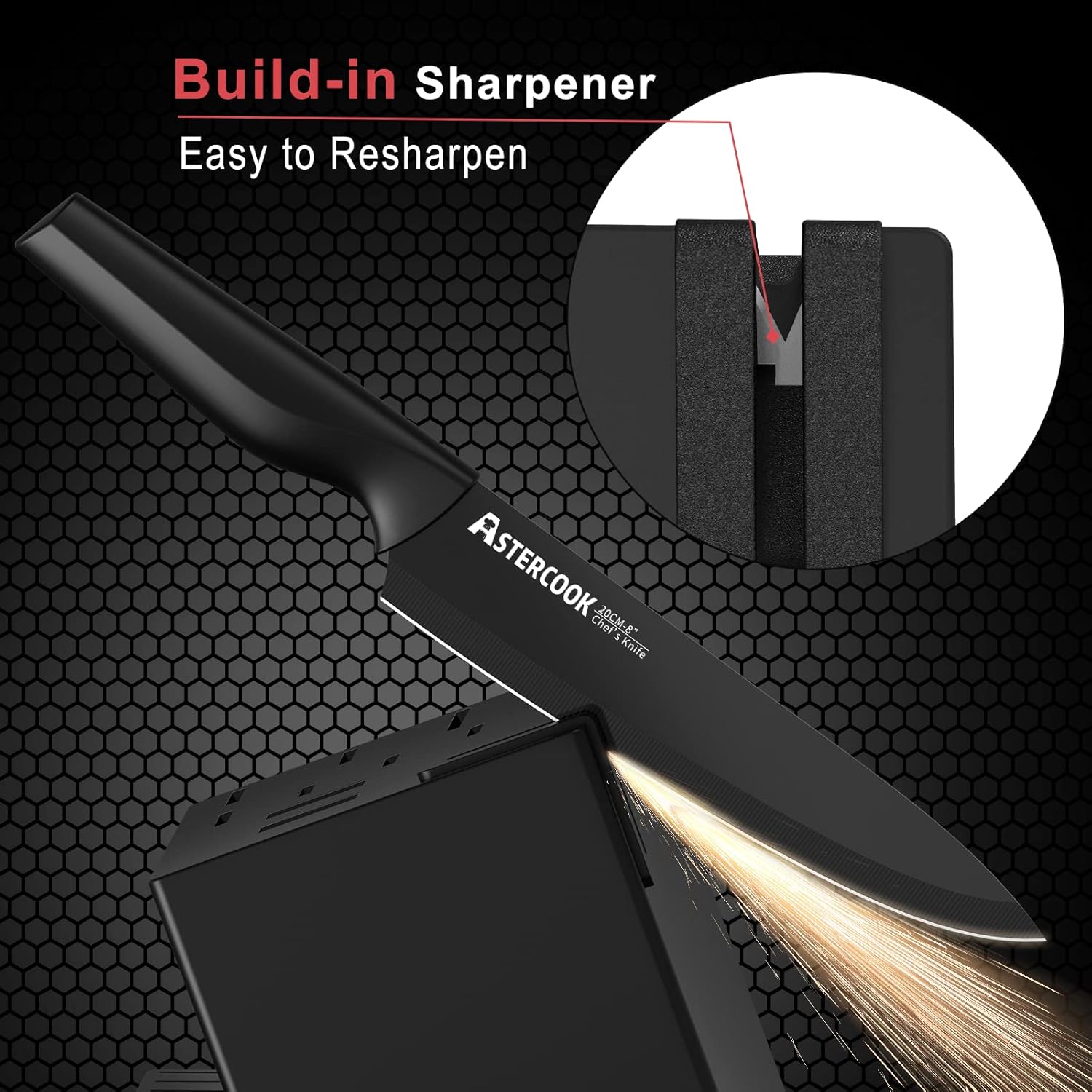 Knife Set, Astercook 21 Pieces Knife Sets for Kitchen with Block, Dishwasher Safe Kitchen Knife Set with Built-in Sharpener, German Stainless Steel Black Knife Block Set image 4
