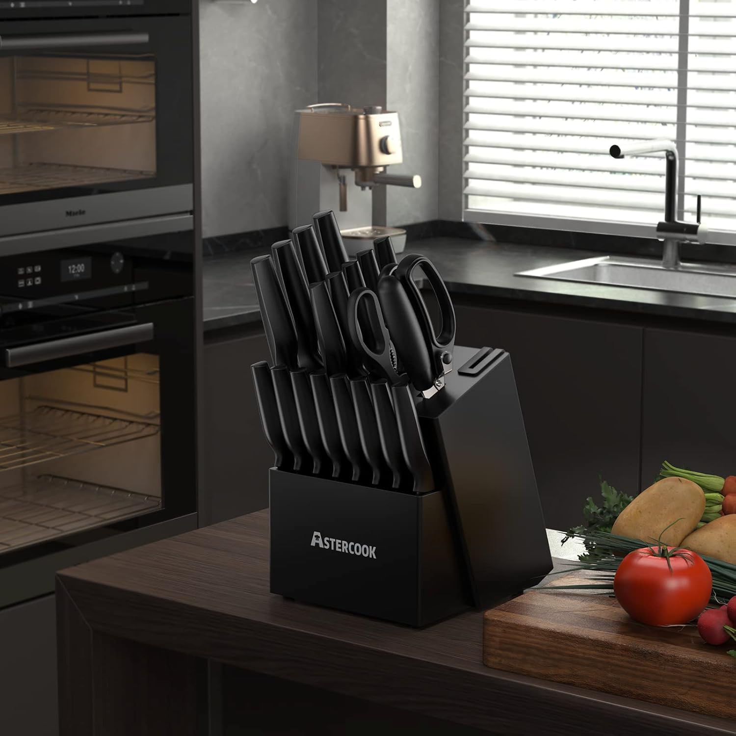 Knife Set, Astercook 21 Pieces Knife Sets for Kitchen with Block, Dishwasher Safe Kitchen Knife Set with Built-in Sharpener, German Stainless Steel Black Knife Block Set image 5
