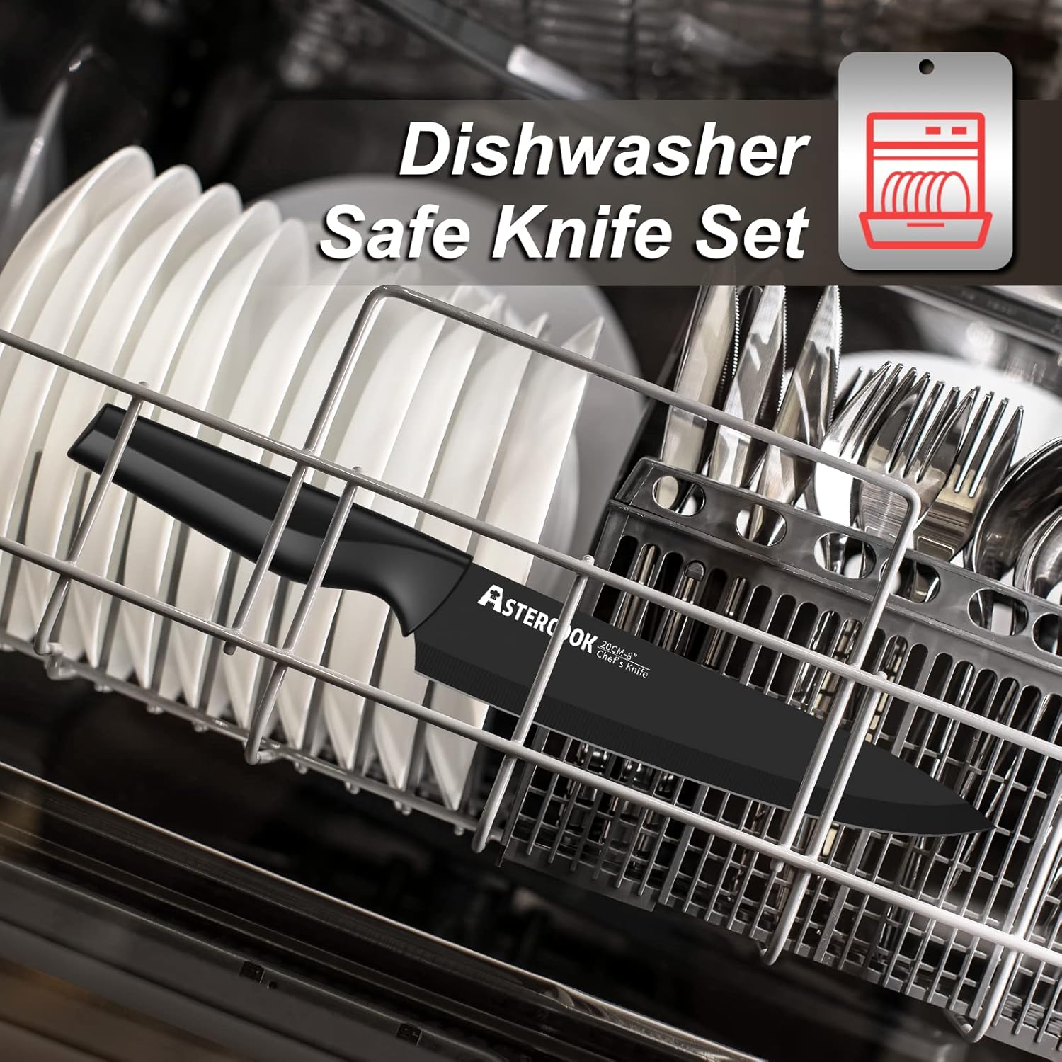 Knife Set, Astercook 21 Pieces Knife Sets for Kitchen with Block, Dishwasher Safe Kitchen Knife Set with Built-in Sharpener, German Stainless Steel Black Knife Block Set image 7