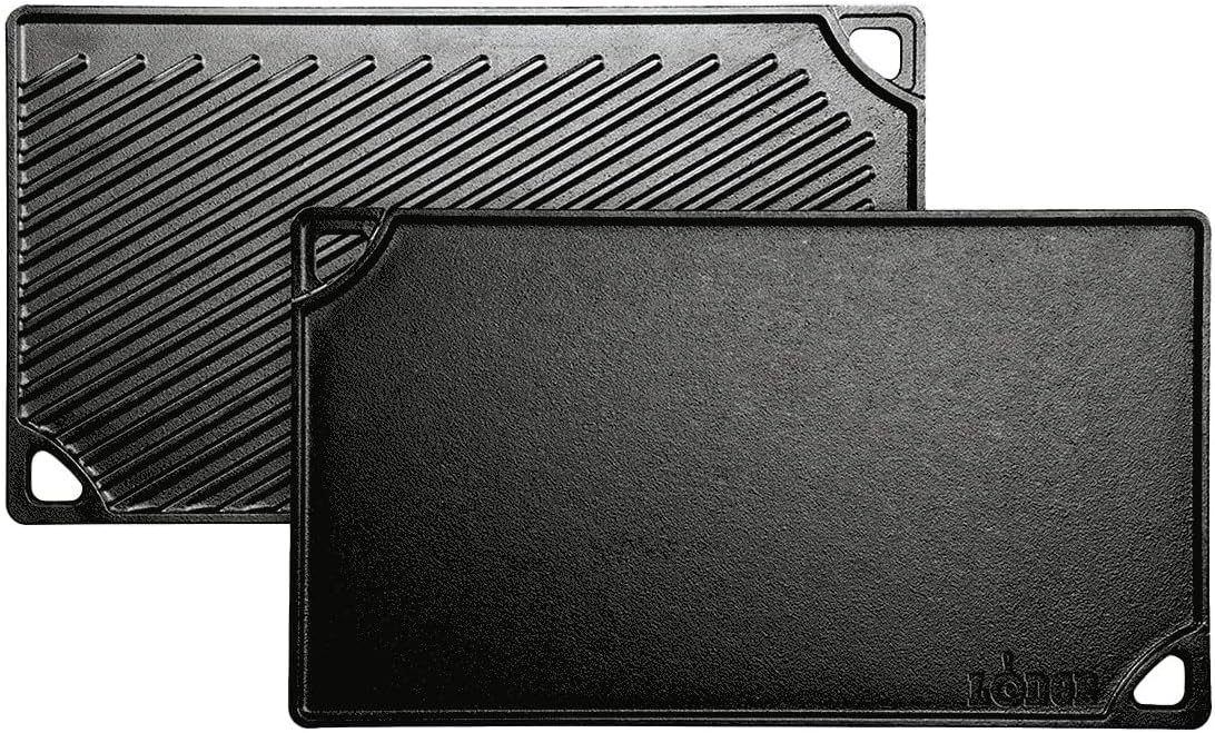 Lodge Reversible Cast Iron Grill/Griddle – 9.5 x 16.75 Inch Pre-Seasoned Cooking Surface – Flat & Ribbed Sides – Use on Stove, Grill, or Campfire – Made in the USA – Heavy-Duty, Black image 1