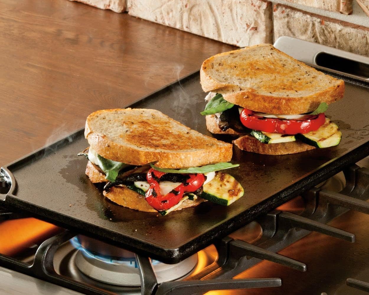 Lodge Reversible Cast Iron Grill/Griddle – 9.5 x 16.75 Inch Pre-Seasoned Cooking Surface – Flat & Ribbed Sides – Use on Stove, Grill, or Campfire – Made in the USA – Heavy-Duty, Black image 4