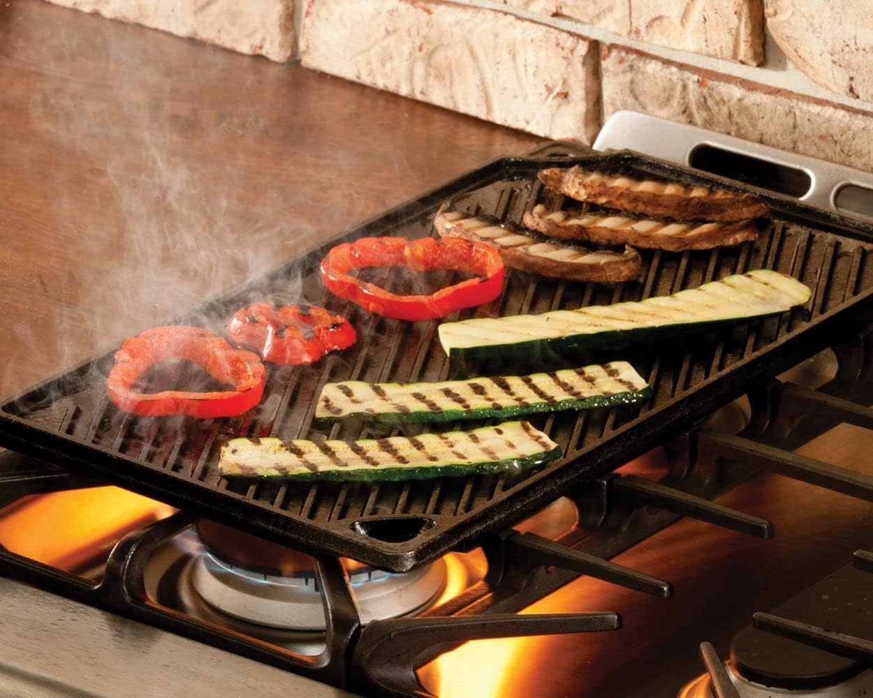 Lodge Reversible Cast Iron Grill/Griddle – 9.5 x 16.75 Inch Pre-Seasoned Cooking Surface – Flat & Ribbed Sides – Use on Stove, Grill, or Campfire – Made in the USA – Heavy-Duty, Black image 5