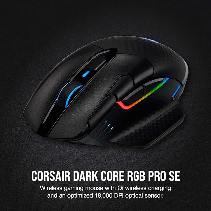 Corsair Dark Core RGB Pro SE, FPS/MOBA Gaming Mouse with SLIPSTREAM Technology, Black, Backlit RGB LED, 18000 DPI, Optical, Qi wireless charging certified image 2