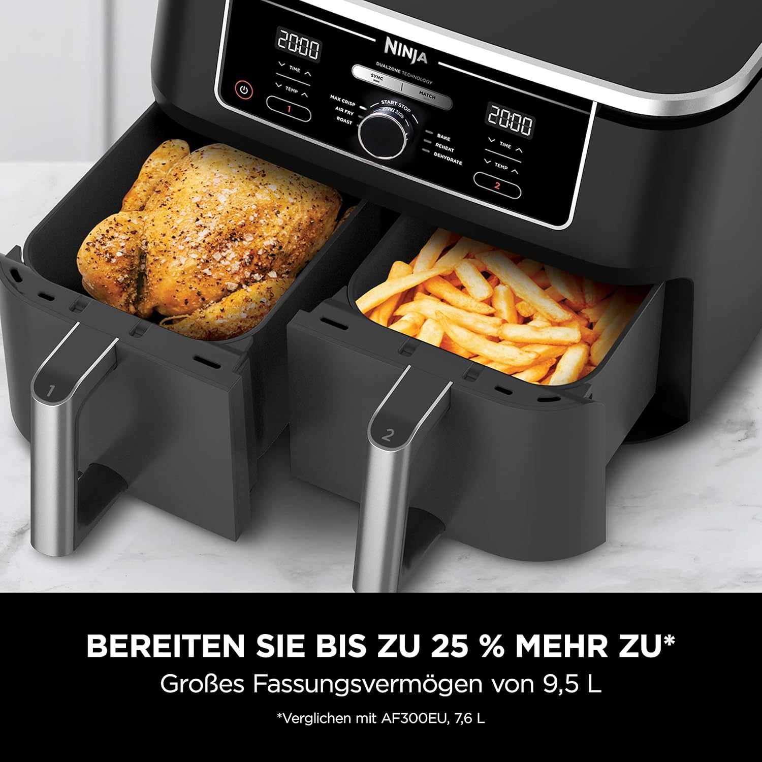 Ninja Foodi MAX Dual Zone [AF400EU] Hot Air Fryer, 2 Large Frying Compartments, 6 Functions, 2 Independent Garzones, 9.5 Litres, 65% Save Energy Costs image 2