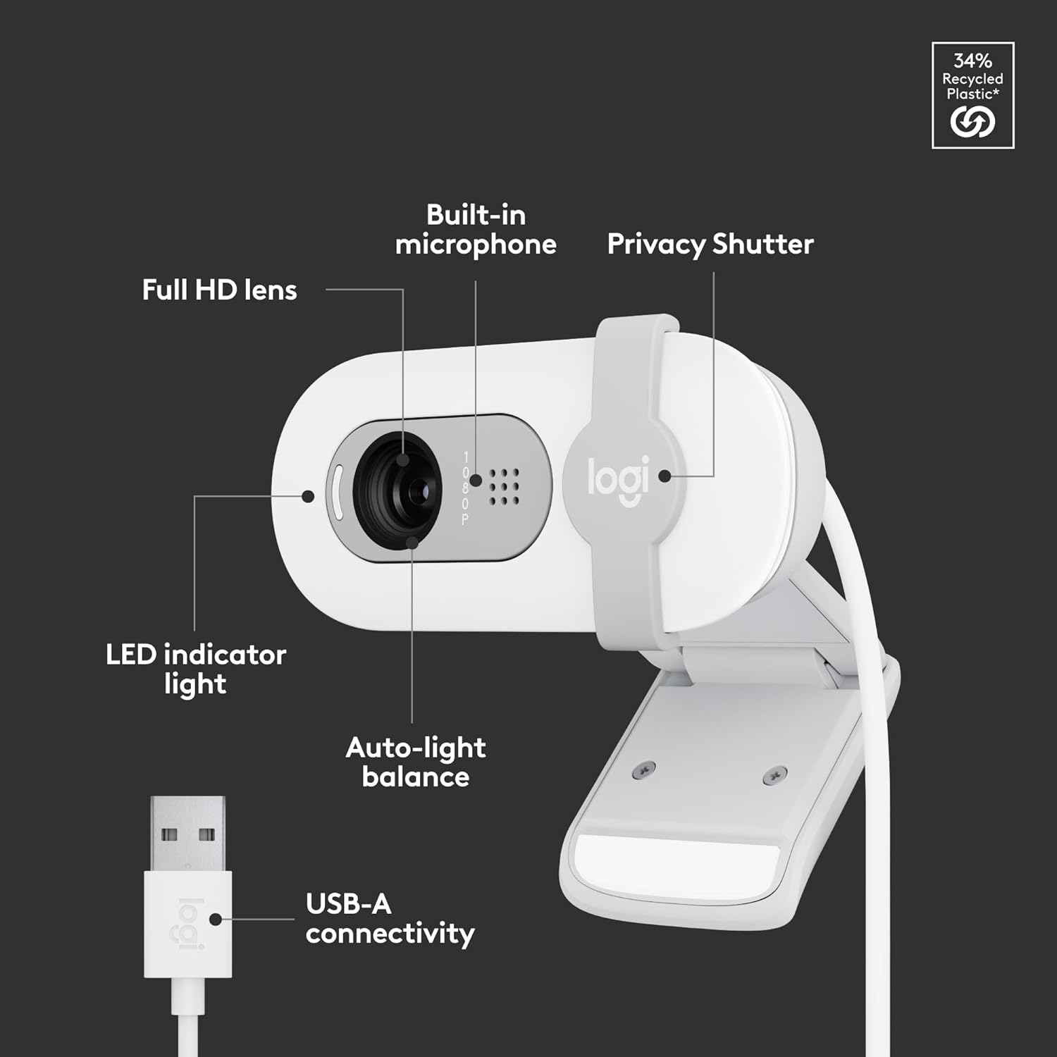 Logitech Brio 100 Full HD 1080p Webcam for Meetings, Streaming, Desktop, Laptop, PC - Built-in Mic, Shutter, USB-A, Teams, Zoom - Off-White image 6