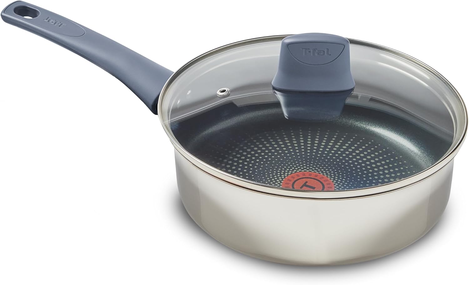 T-fal Essentials Stainless Steel Saute Pan w/Non Stick Coating & Glass Lid, 3.5 Quart, All Cooktops Including Induction, Oven Safe 350F, Heat Indicator, Measuring Marks, Dishwasher Safe, Silver/Blue image 1