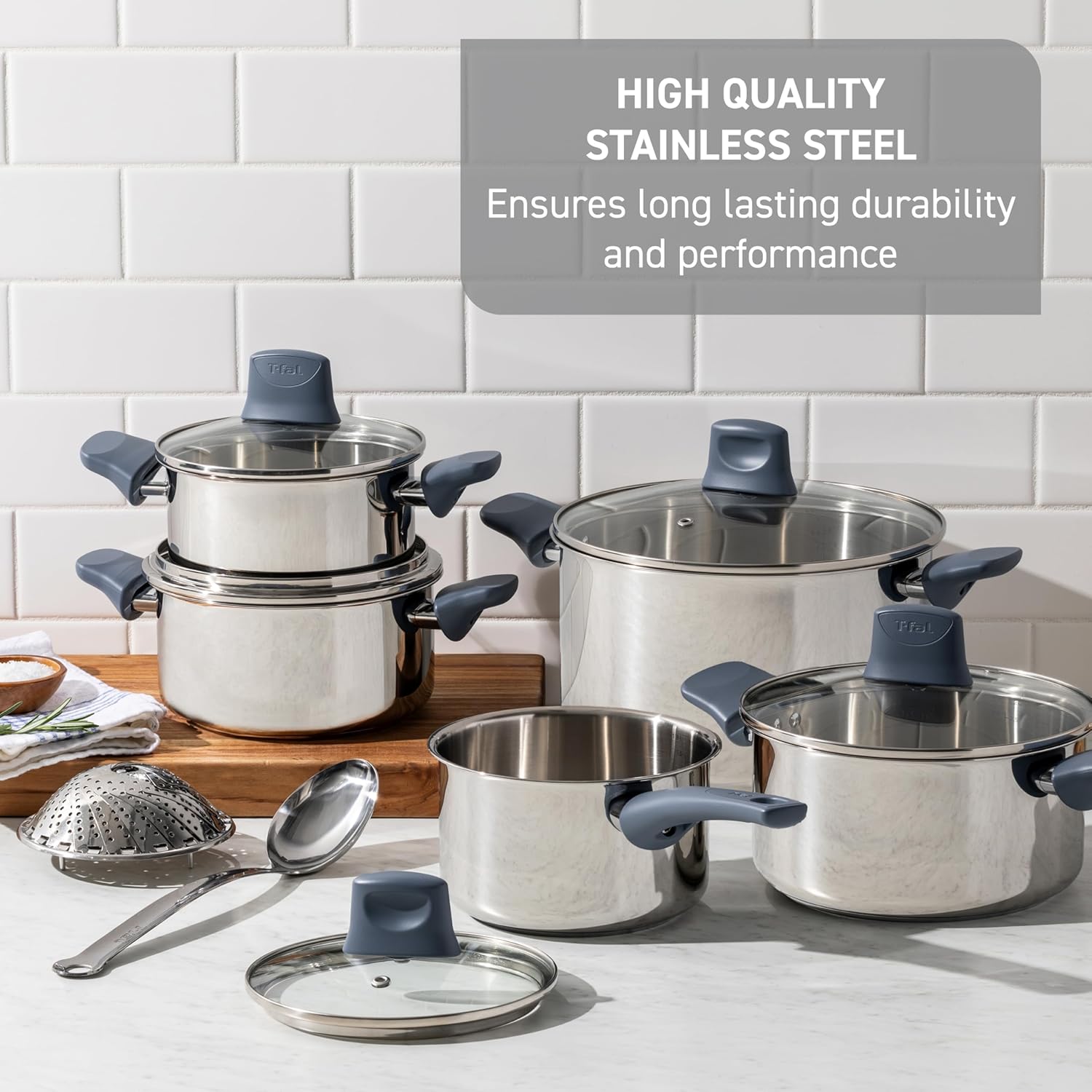 T-fal Essentials Stainless Steel Saute Pan w/Non Stick Coating & Glass Lid, 3.5 Quart, All Cooktops Including Induction, Oven Safe 350F, Heat Indicator, Measuring Marks, Dishwasher Safe, Silver/Blue image 2