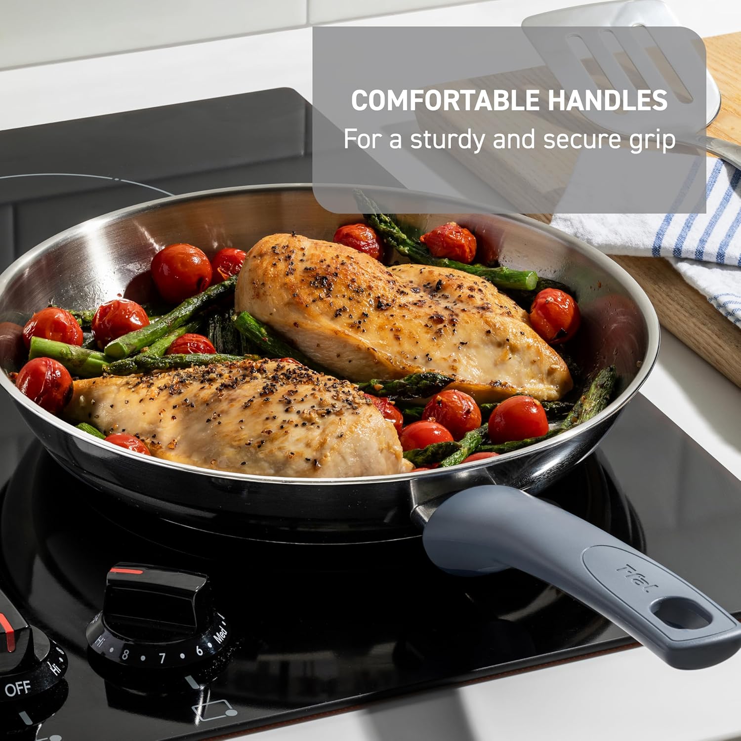 T-fal Essentials Stainless Steel Saute Pan w/Non Stick Coating & Glass Lid, 3.5 Quart, All Cooktops Including Induction, Oven Safe 350F, Heat Indicator, Measuring Marks, Dishwasher Safe, Silver/Blue image 5