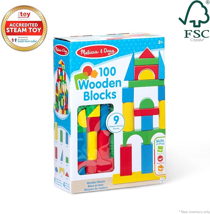 Melissa & Doug Wooden Building Blocks Set - 100 Blocks in 4 Colors and 9 Shapes Classic Kids Toys, Colored Wood For Toddlers Ages 2+ - FSC-Certified image 3