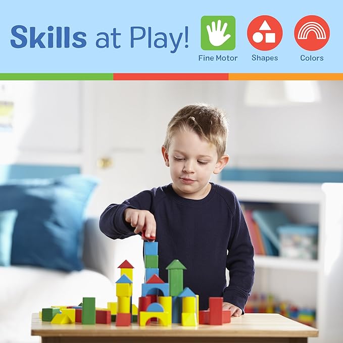 Melissa & Doug Wooden Building Blocks Set - 100 Blocks in 4 Colors and 9 Shapes Classic Kids Toys, Colored Wood For Toddlers Ages 2+ - FSC-Certified image 5