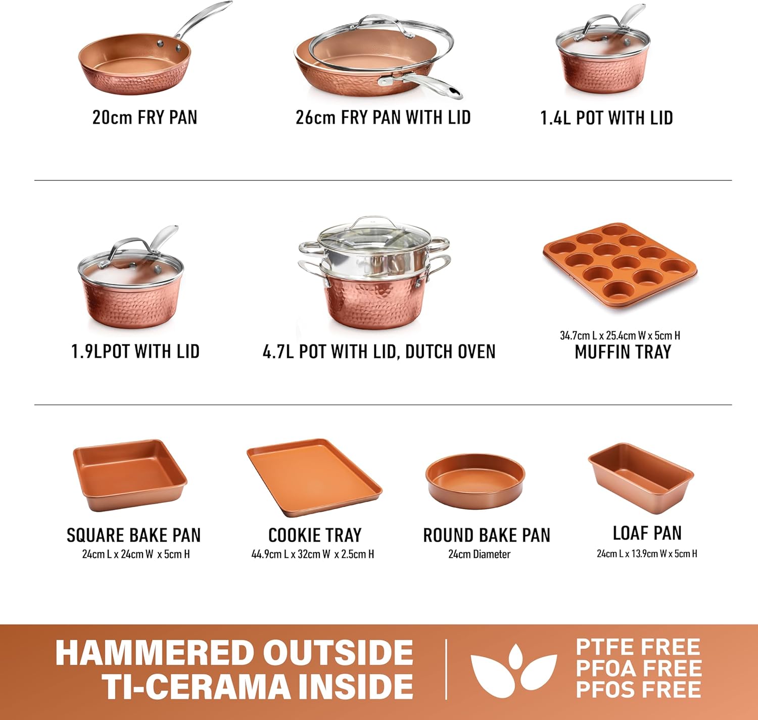Hammered Ceramic Cookware Set – 15 Pcs – Deep Copper image 2