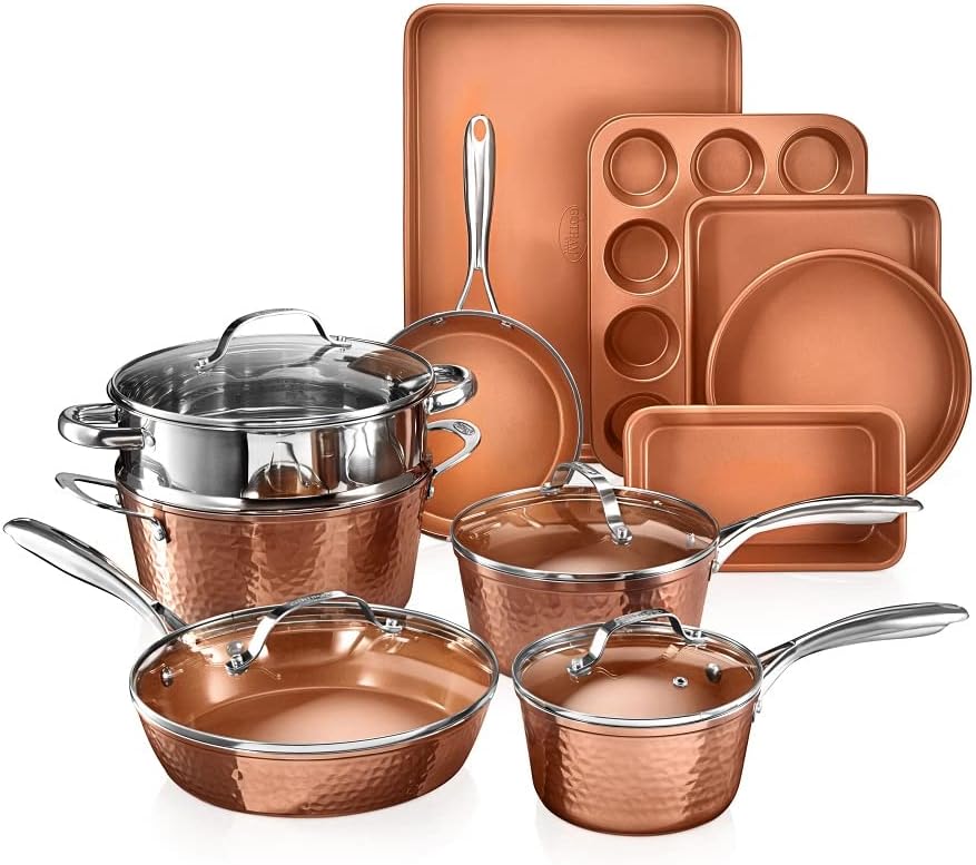 Hammered Ceramic Cookware Set – 15 Pcs – Deep Copper image 1