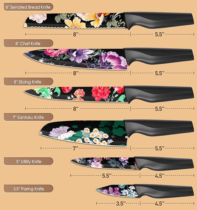 Astercook Knife Set, 12-Piece Flower Kitchen Knives Sets with Blade Guards, Dishwasher Safe, German High Carbon Stainless Steel, Perfect Gifts for Kitchen image 2