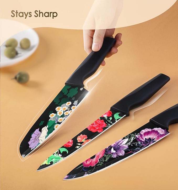 Astercook Knife Set, 12-Piece Flower Kitchen Knives Sets with Blade Guards, Dishwasher Safe, German High Carbon Stainless Steel, Perfect Gifts for Kitchen image 3
