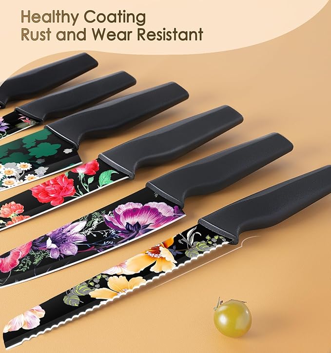 Astercook Knife Set, 12-Piece Flower Kitchen Knives Sets with Blade Guards, Dishwasher Safe, German High Carbon Stainless Steel, Perfect Gifts for Kitchen image 5