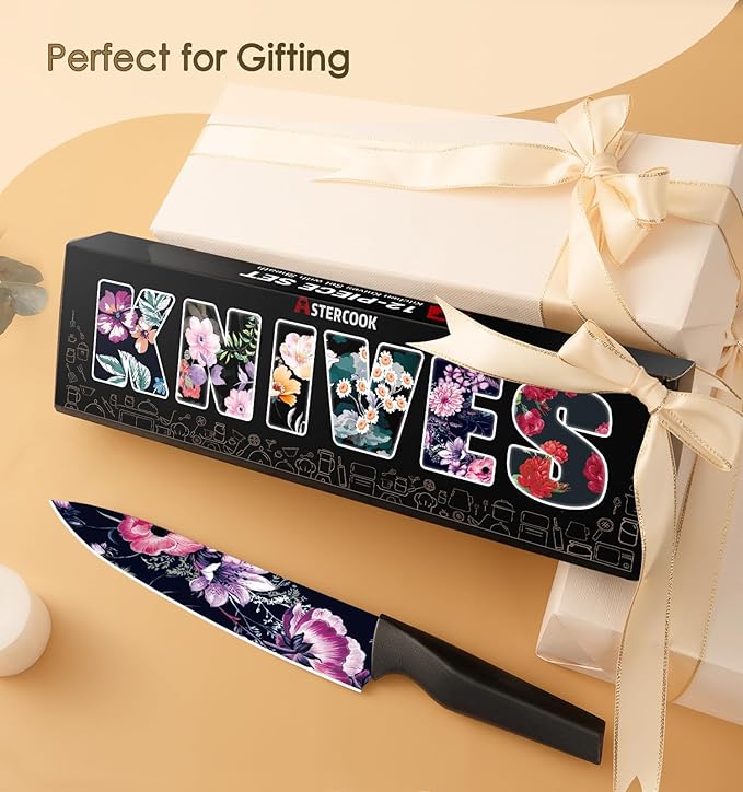 Astercook Knife Set, 12-Piece Flower Kitchen Knives Sets with Blade Guards, Dishwasher Safe, German High Carbon Stainless Steel, Perfect Gifts for Kitchen image 6